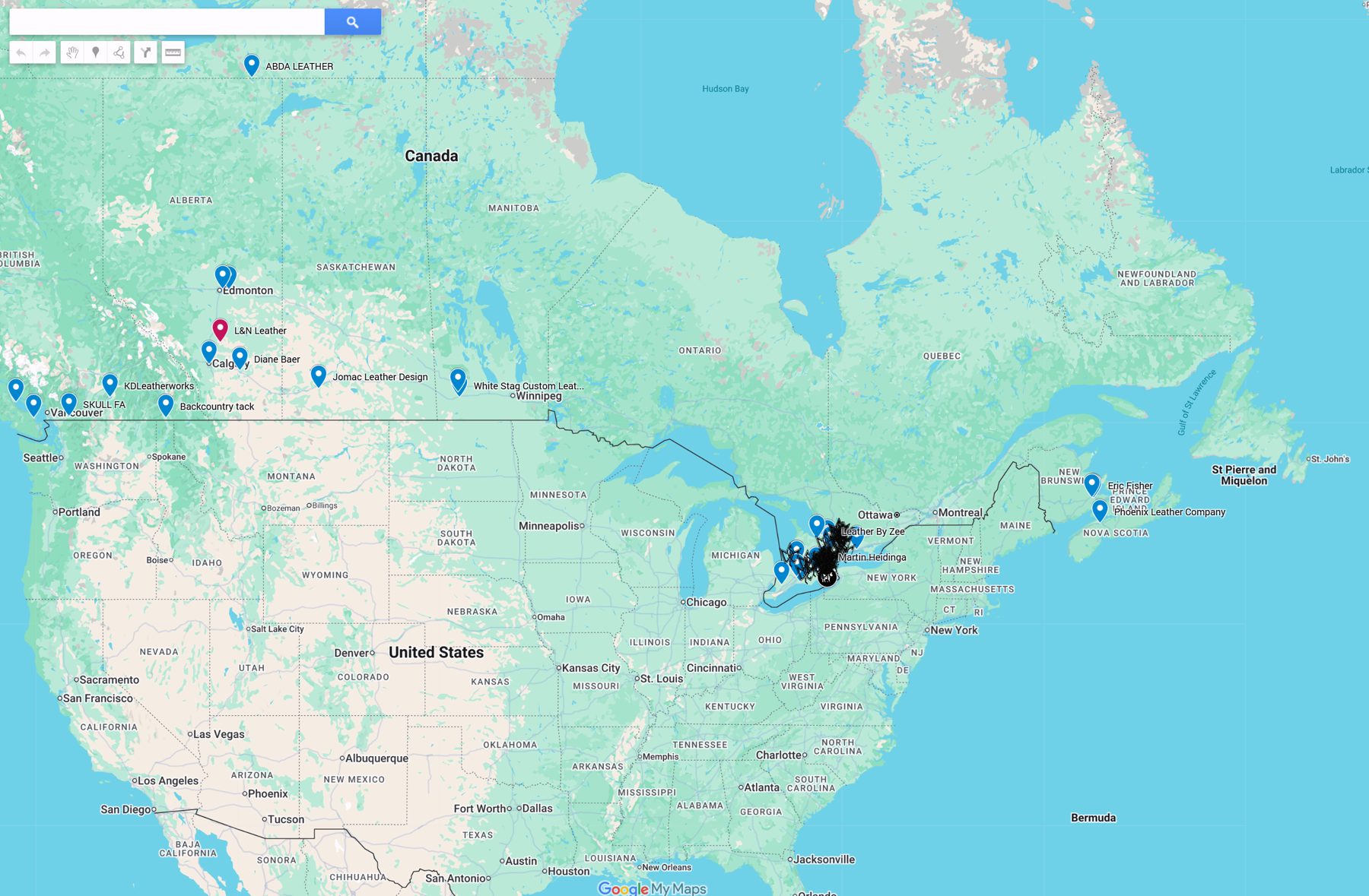 Map of Canadian leather crafters — pins across Canada