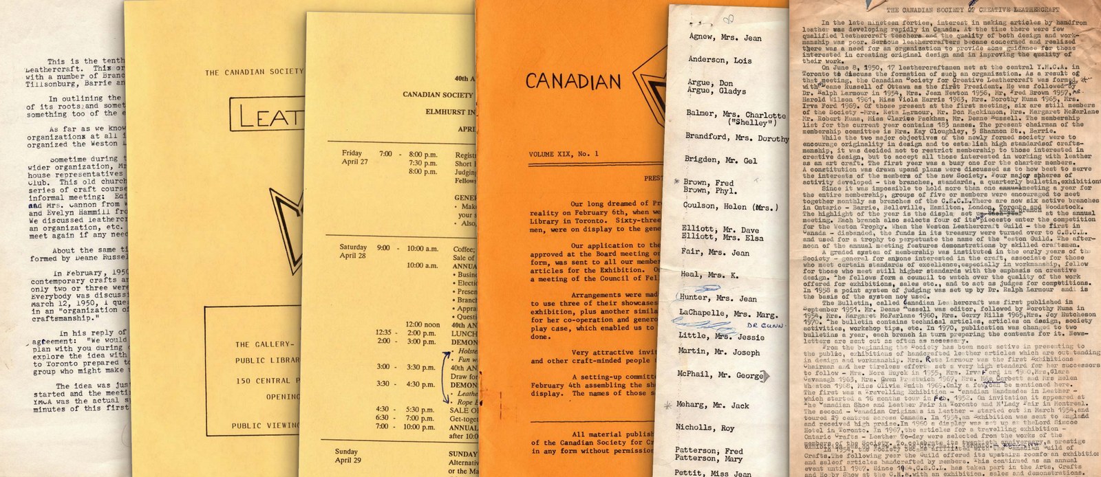 Six of the Society&rsquo;s own papers, overlapping left to right: the typescript history written for the tenth anniversary in 1960, the Leather &rsquo;82 exhibition catalogue, the programme of the 40th Annual Meeting in 1990, the Spring 1970 issue of Canadian Leathercraft, the Toronto Branch membership list of 1979-80, and the Society&rsquo;s own account of how it began