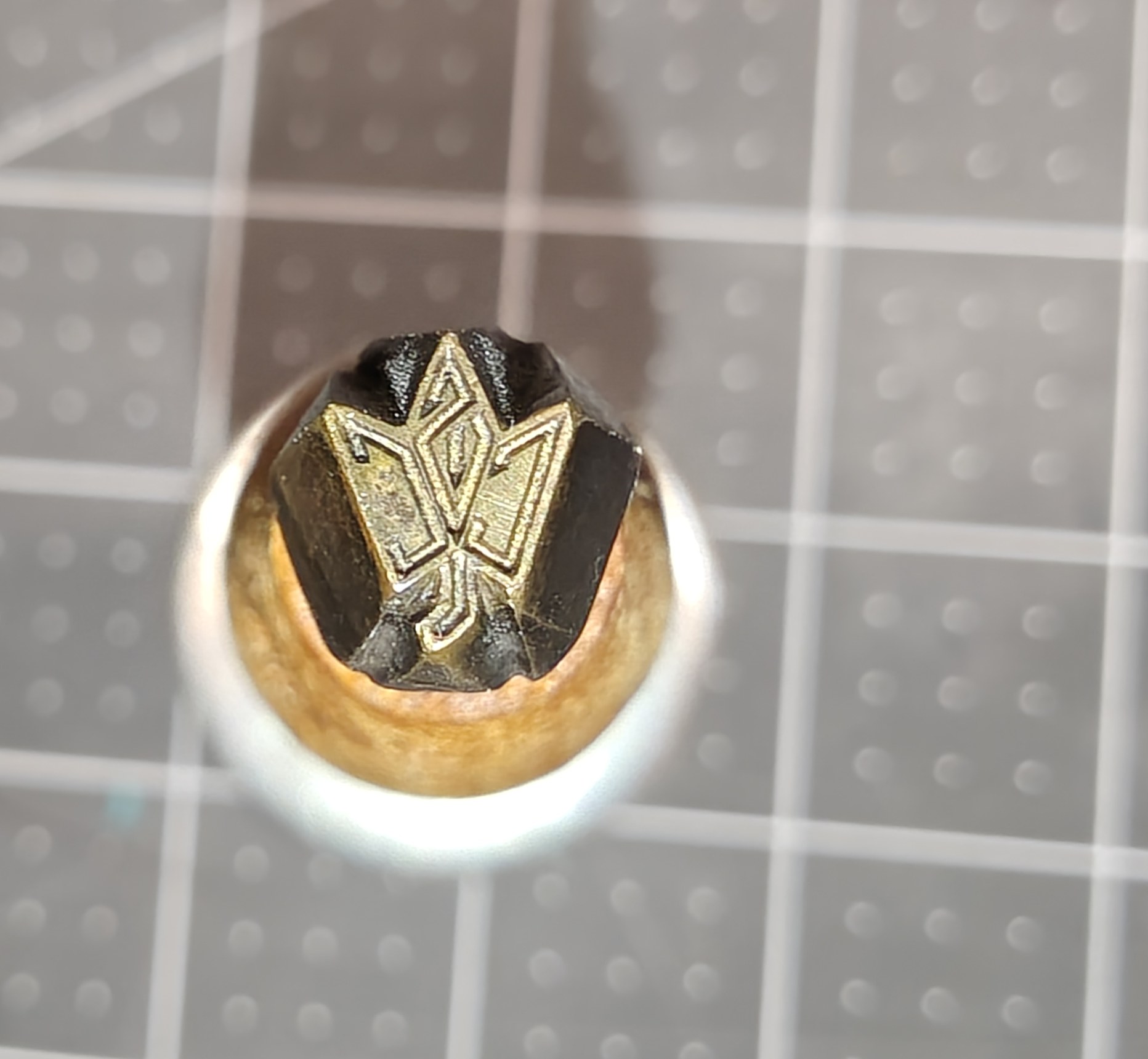 The end of the brass die, seen face-on: the Society's maple-leaf monogram.
