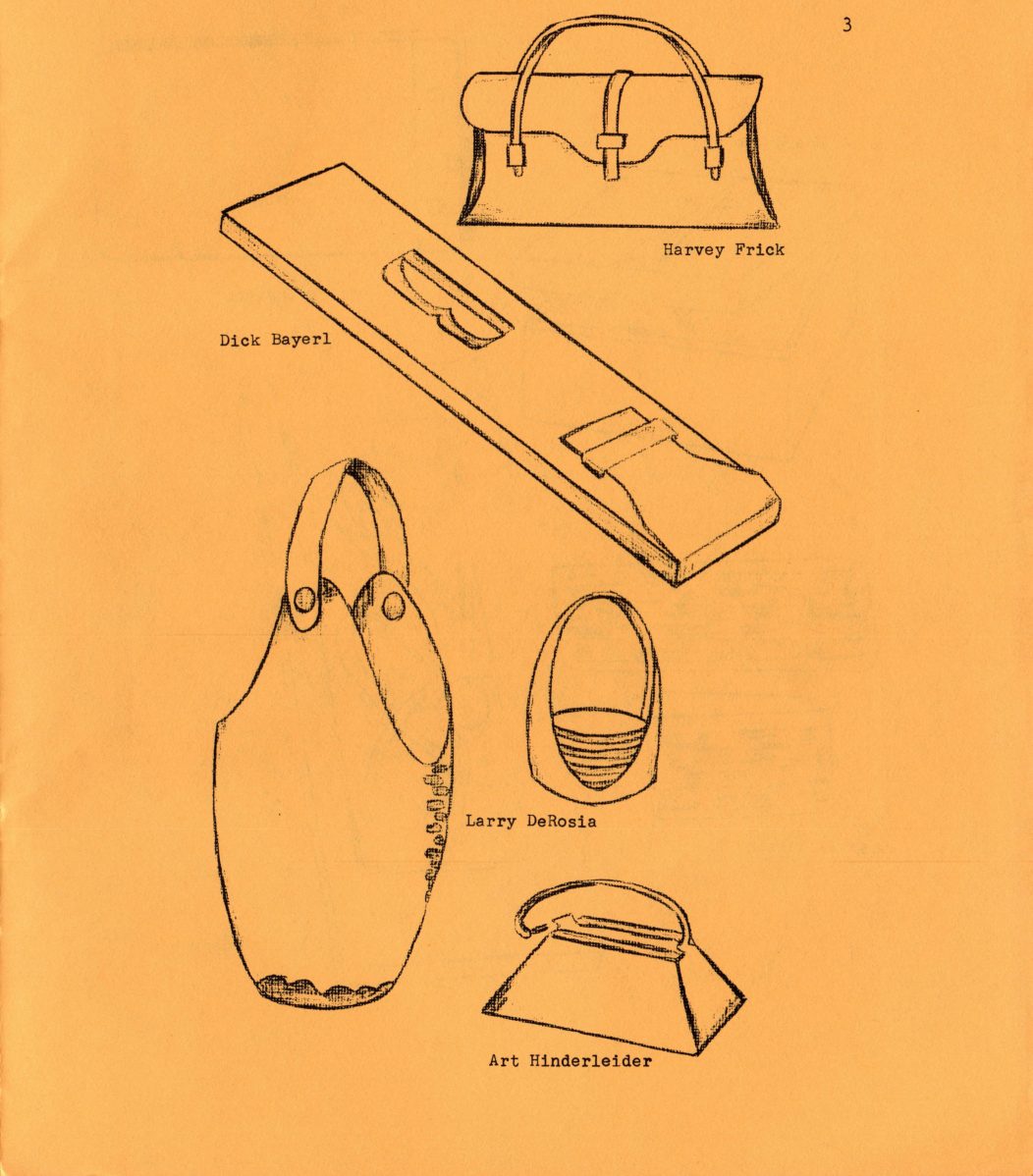 Pen-and-ink sketches of four leather pieces from the Tenth Assembly, each captioned with its maker's name: a handbag by Harvey Frick, a long flat tool with a cutout grip by Dick Bayerl, a small strapped basket by Larry DeRosia, and a looped-handle bag by Art Hinderleider