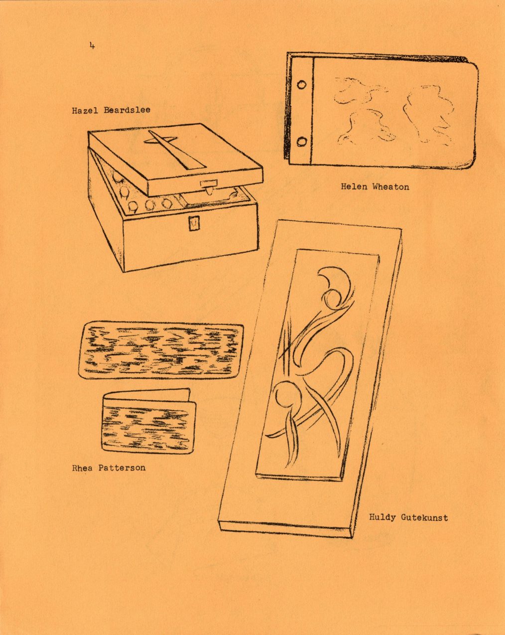 Pen-and-ink sketches of four more pieces, continuing from p. 3: a hinged box with a cross-shaped clasp by Hazel Beardslee, a filigree-cut book cover by Helen Wheaton, a tooled wallet and matching panel by Rhea Patterson, and a tall carved floral panel by Huldy Gutekunst