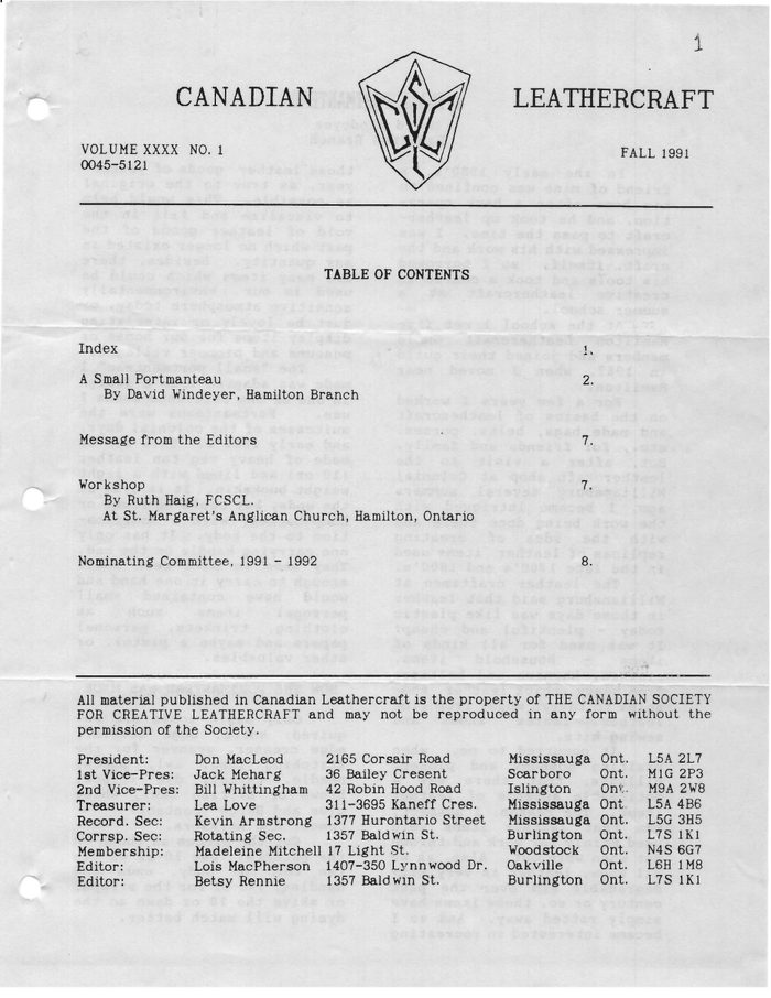 Canadian Leathercraft – Fall 1991 – Newsletter by CSCL — cover of the original newsletter