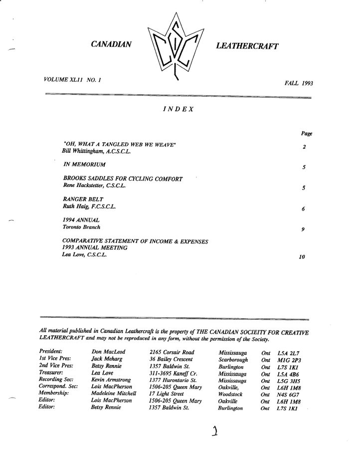 Canadian Leathercraft – Fall 1993 – Newsletter by CSCL — cover of the original newsletter