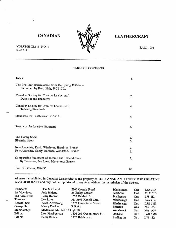 Canadian Leathercraft – Fall 1994 – Newsletter by CSCL — lead photograph