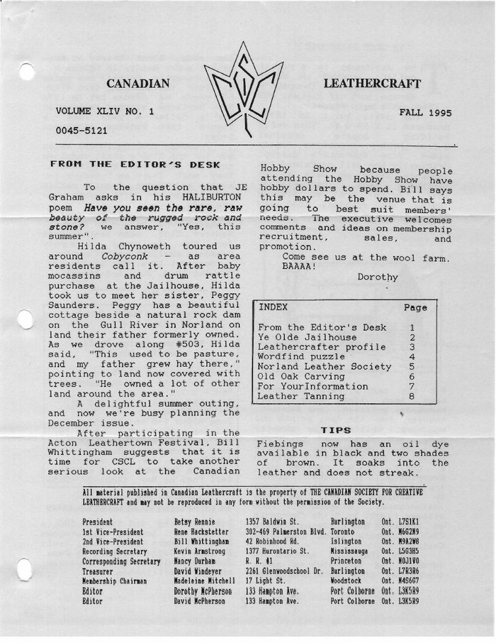 Canadian Leathercraft – Fall 1995 – Newsletter by CSCL — lead photograph
