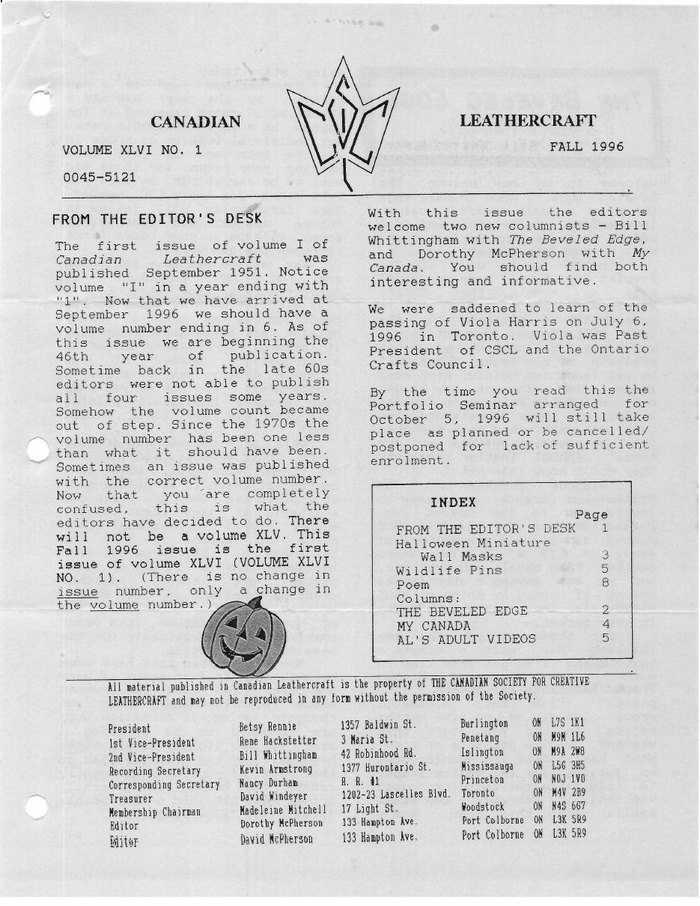 Canadian Leathercraft – Fall 1996 – Newsletter by CSCL — lead photograph