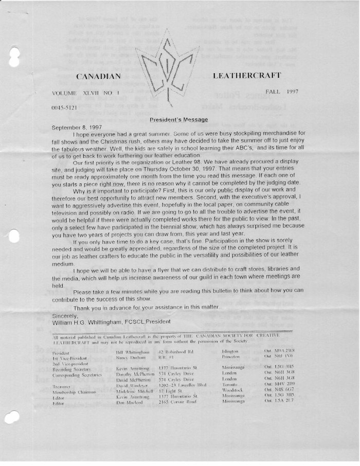 Canadian Leathercraft – Fall 1997 – Newsletter by CSCL — lead photograph