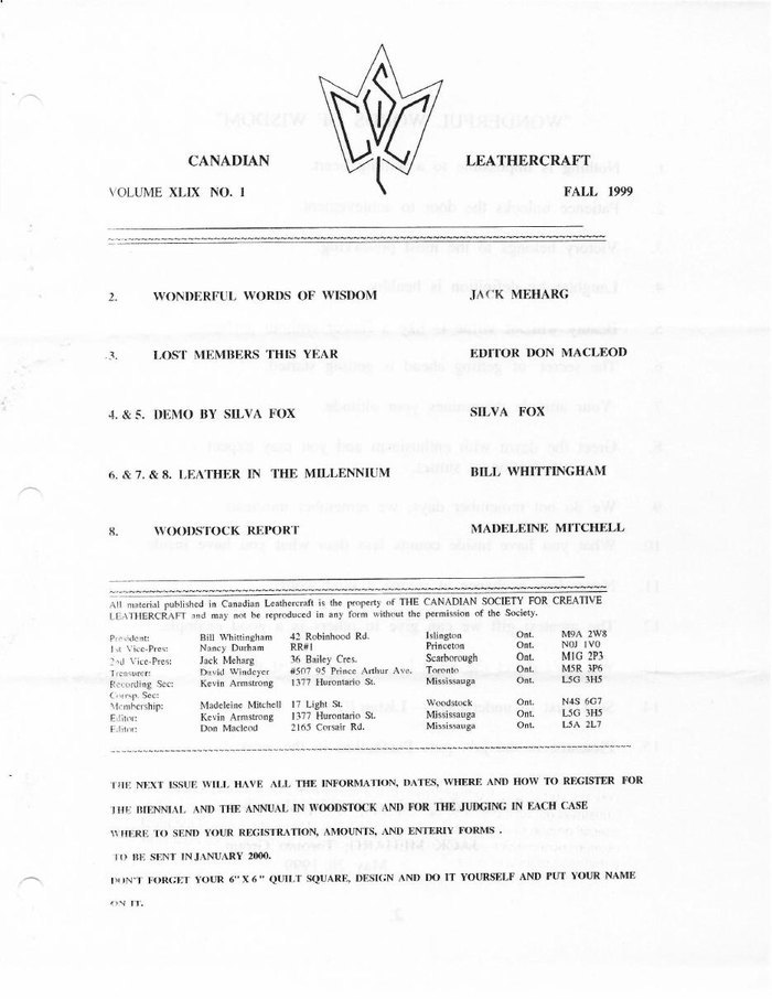 Canadian Leathercraft – Fall 1999 – Newsletter by CSCL — lead photograph