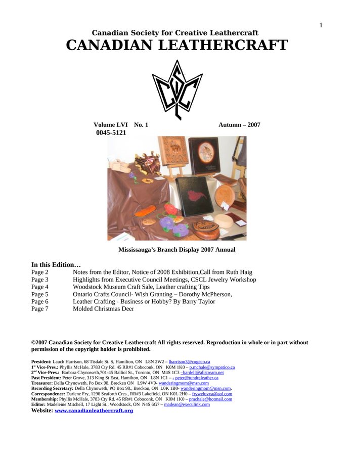Canadian Leathercraft – Fall 2007 – Newsletter by CSCL — cover of the original newsletter