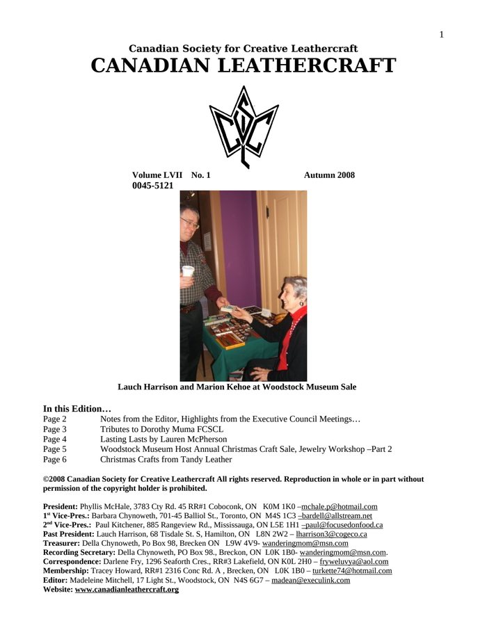 Canadian Leathercraft – Fall 2008 – Newsletter by CSCL — cover of the original newsletter