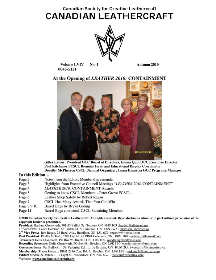 Canadian Leathercraft – Fall 2010 – Newsletter by CSCL — cover of the original newsletter
