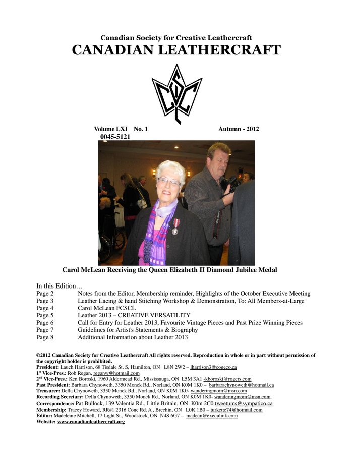 Canadian Leathercraft – Fall 2012 – Newsletter by CSCL — cover of the original newsletter