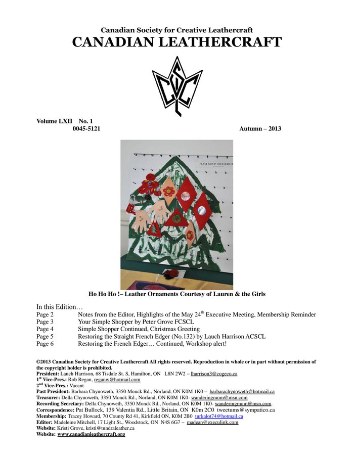 Canadian Leathercraft – Fall 2013 – Newsletter by CSCL — cover of the original newsletter