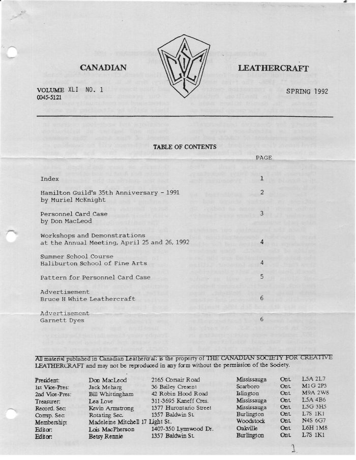Canadian Leathercraft – Spring 1992 – Newsletter by CSCL — cover of the original newsletter