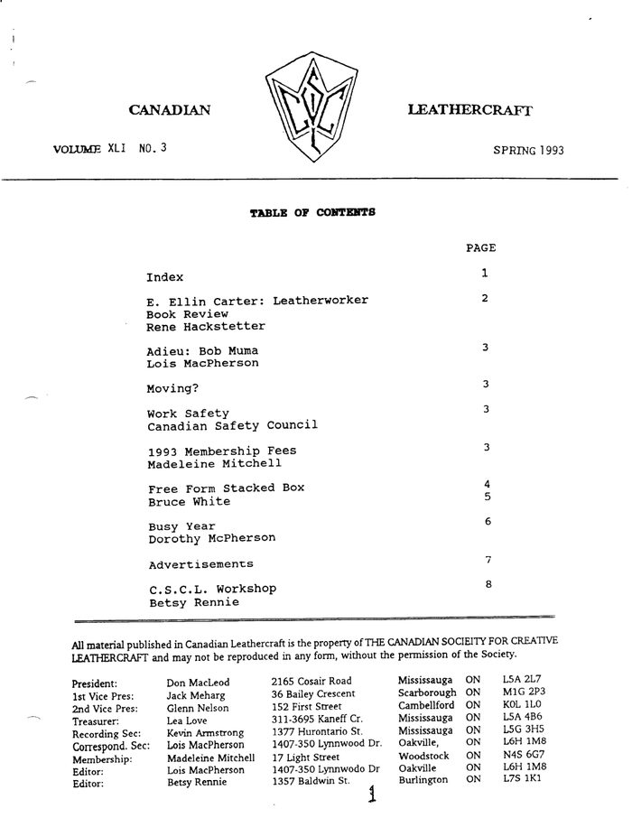 Canadian Leathercraft – Spring 1993 – Newsletter by CSCL — cover of the original newsletter