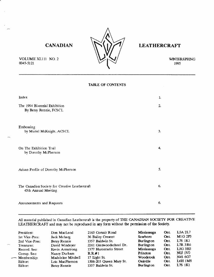 Canadian Leathercraft – Winter/Spring 1995 – Newsletter by CSCL — lead photograph