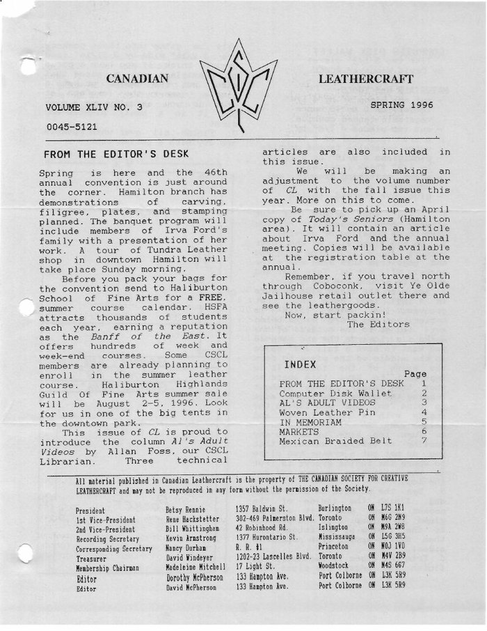 Canadian Leathercraft – Spring 1996 – Newsletter by CSCL — lead photograph