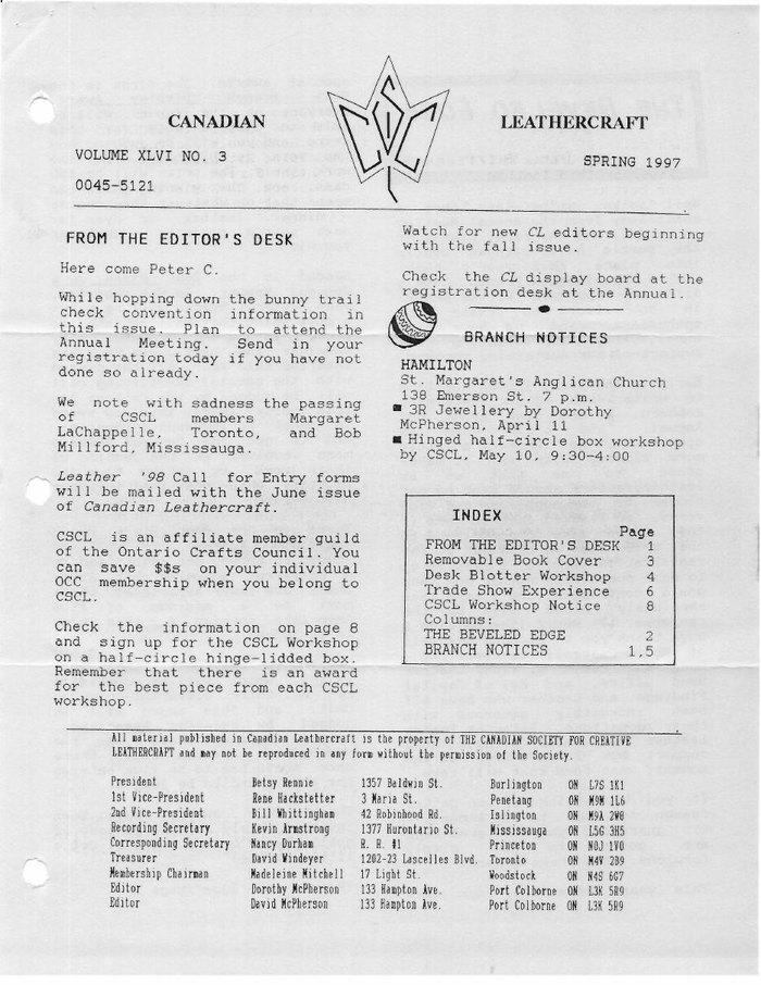 Canadian Leathercraft – Spring 1997 – Newsletter by CSCL — lead photograph