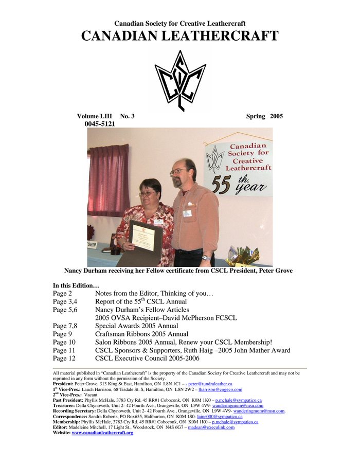 Canadian Leathercraft – Spring 2005 – Newsletter by CSCL — cover of the original newsletter