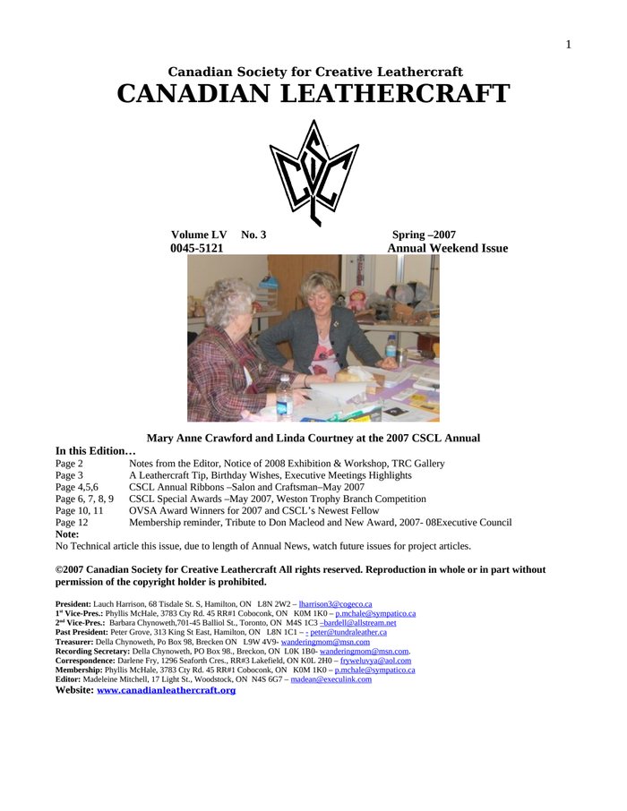 Canadian Leathercraft – Spring 2007 – Newsletter by CSCL — cover of the original newsletter