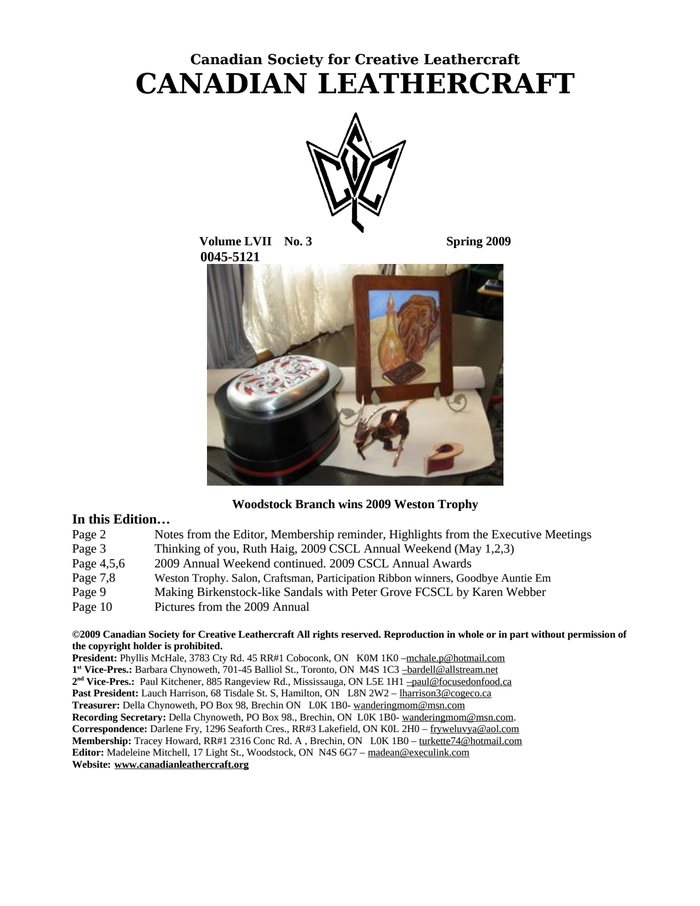 Canadian Leathercraft – Spring 2009 – Newsletter by CSCL — cover of the original newsletter