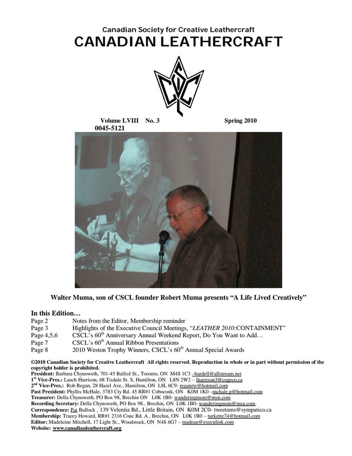 Canadian Leathercraft – Spring 2010 – Newsletter by CSCL — cover of the original newsletter