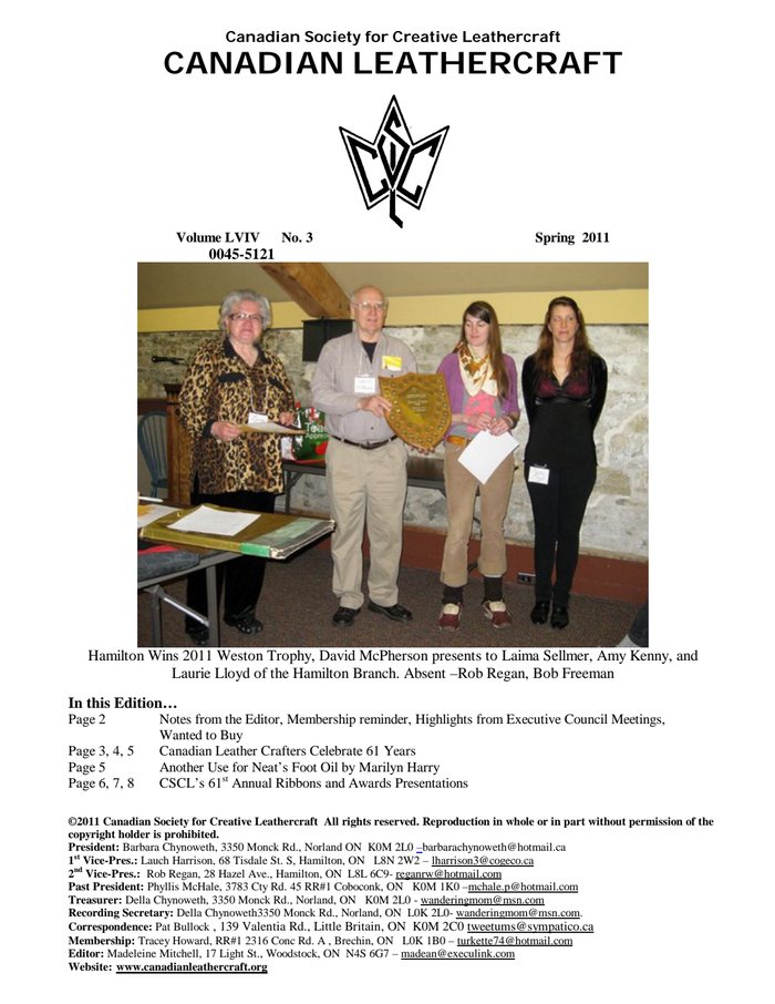 Canadian Leathercraft – Spring 2011 – Newsletter by CSCL — cover of the original newsletter