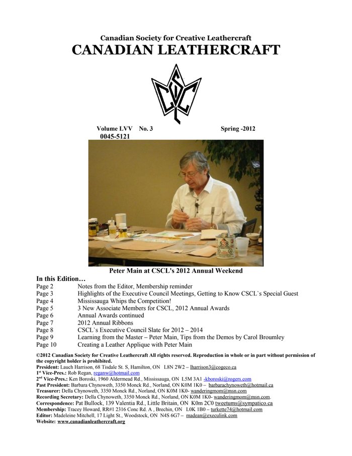 Canadian Leathercraft – Spring 2012 – Newsletter by CSCL — cover of the original newsletter