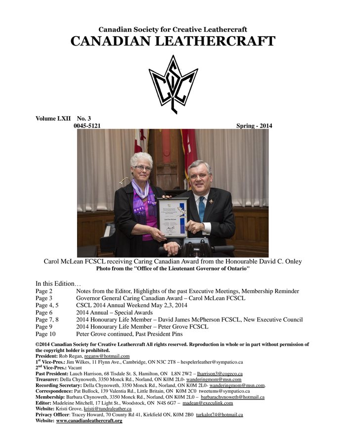 Canadian Leathercraft – Spring 2014 – Newsletter by CSCL — cover of the original newsletter