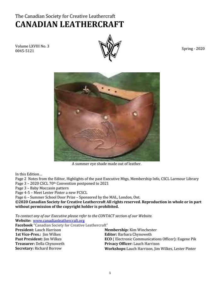 Canadian Leathercraft – Spring 2020 – Newsletter by CSCL — cover of the original newsletter