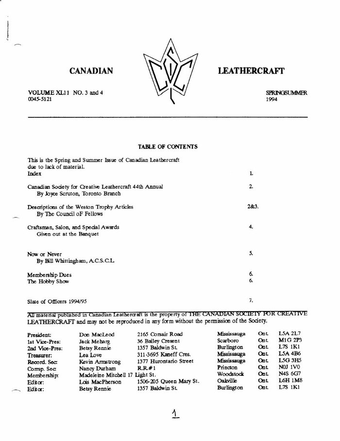 Canadian Leathercraft – Spring/Summer 1994 – Newsletter by CSCL — lead photograph