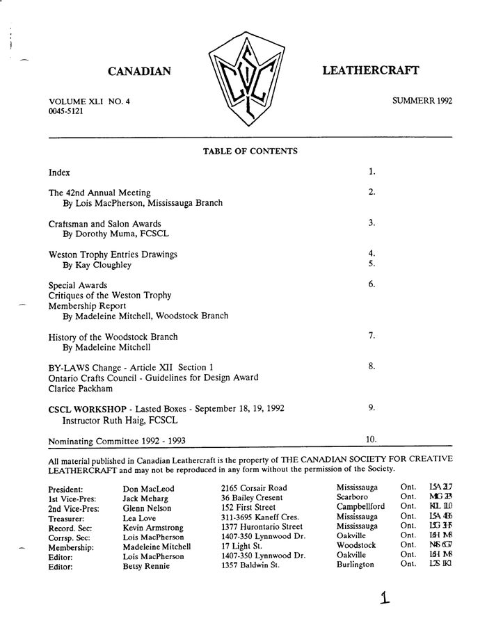 Canadian Leathercraft – Summer 1992 – Newsletter by CSCL — cover of the original newsletter