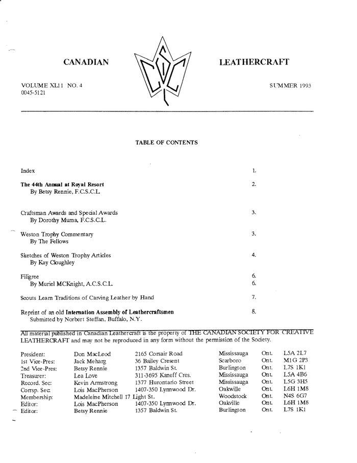 Canadian Leathercraft – Summer 1993 – Newsletter by CSCL — cover of the original newsletter