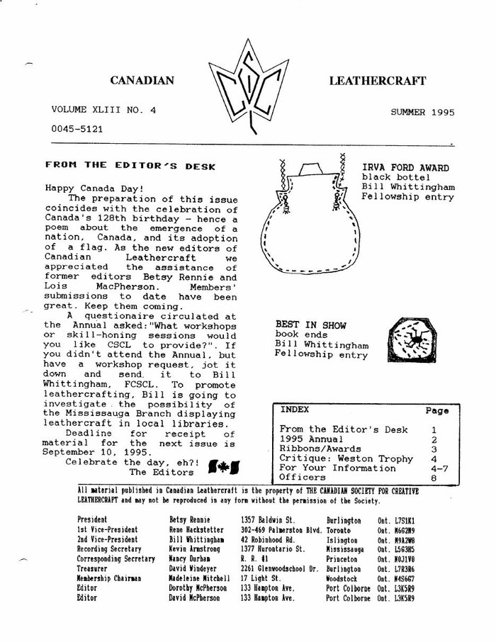Canadian Leathercraft – Summer 1995 – Newsletter by CSCL — lead photograph