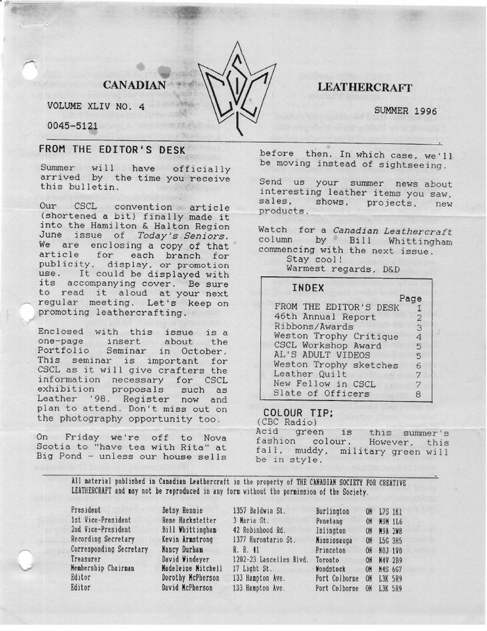 Canadian Leathercraft – Summer 1996 – Newsletter by CSCL — lead photograph