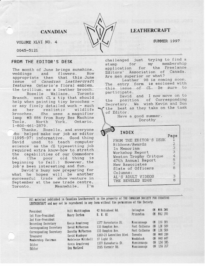 Canadian Leathercraft – Summer 1997 – Newsletter by CSCL — lead photograph