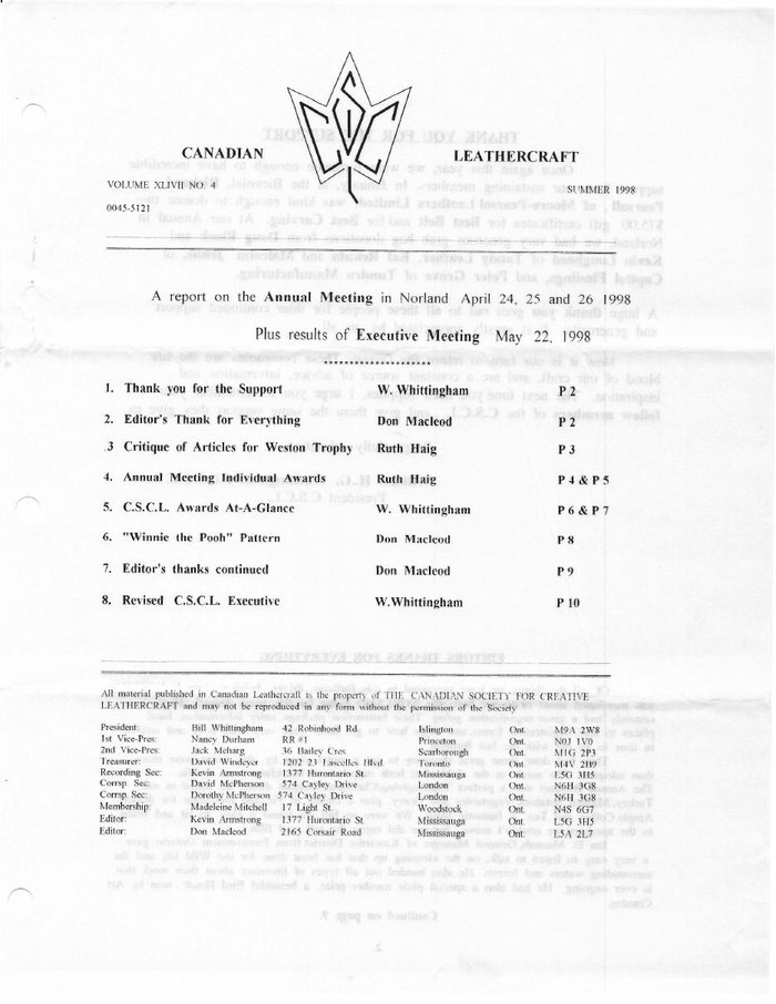 Canadian Leathercraft – Summer 1998 – Newsletter by CSCL — lead photograph