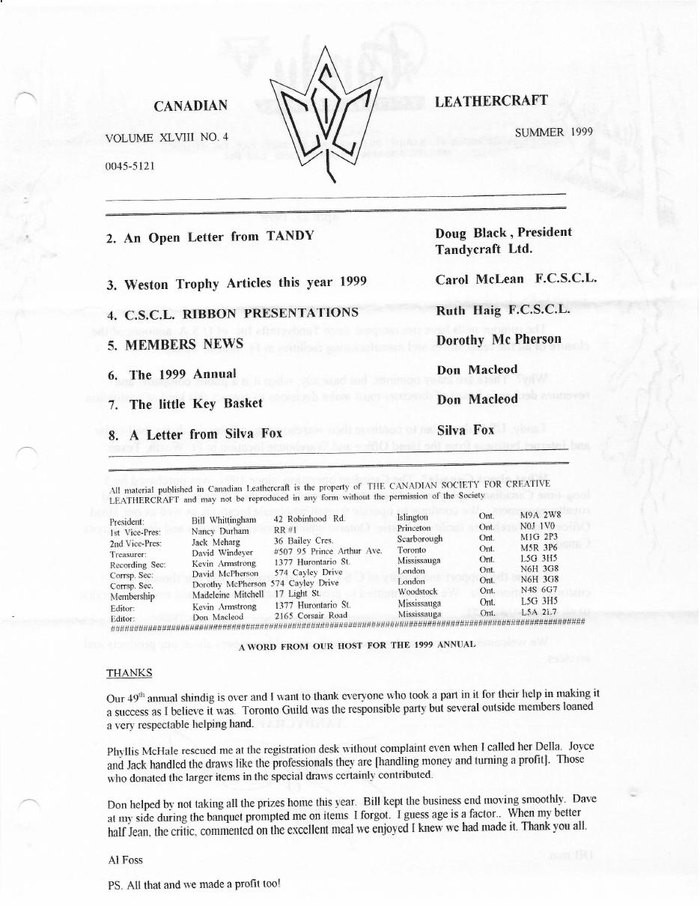 Canadian Leathercraft – Summer 1999 – Newsletter by CSCL — lead photograph