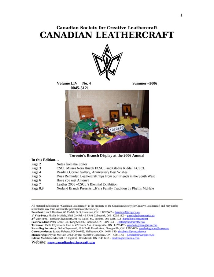 Canadian Leathercraft – Summer 2006 – Newsletter by CSCL — cover of the original newsletter