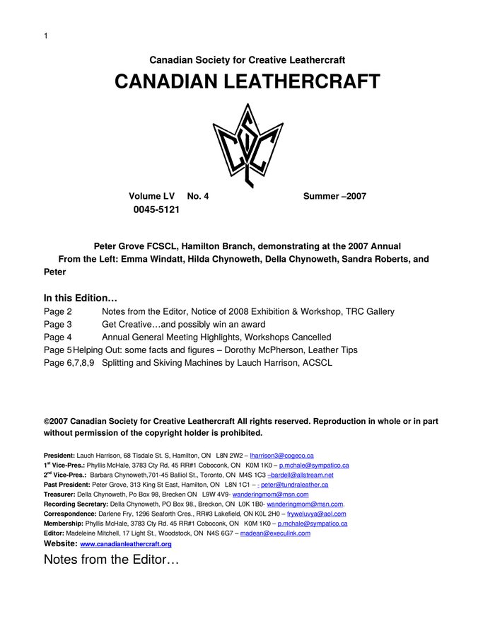 Canadian Leathercraft – Summer 2007 – Newsletter by CSCL — cover of the original newsletter