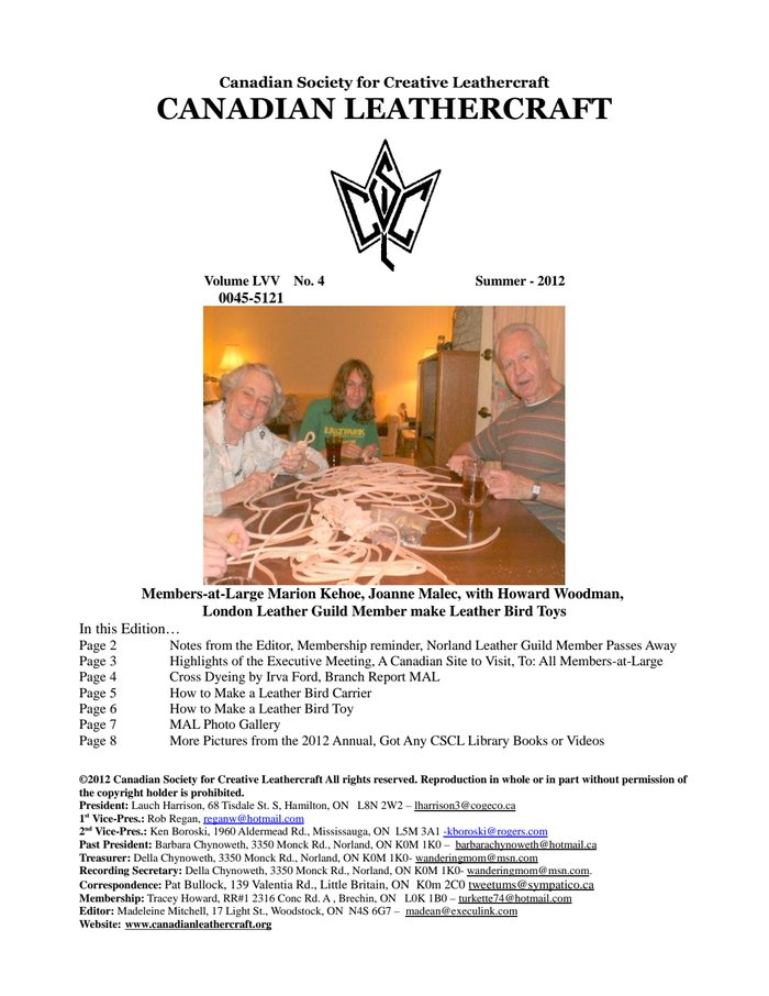 Canadian Leathercraft – Summer 2012 – Newsletter by CSCL — cover of the original newsletter