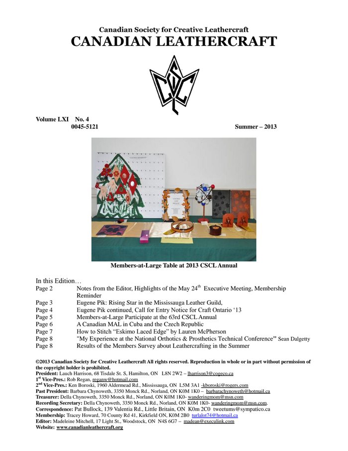 Canadian Leathercraft – Summer 2013 – Newsletter by CSCL — cover of the original newsletter