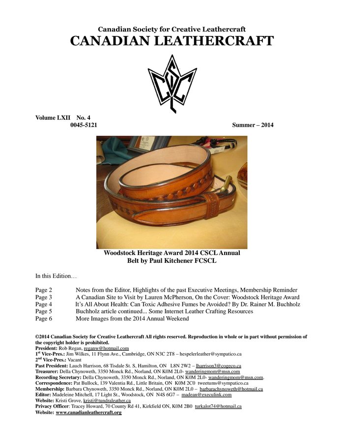 Canadian Leathercraft – Summer 2014 – Newsletter by CSCL — cover of the original newsletter