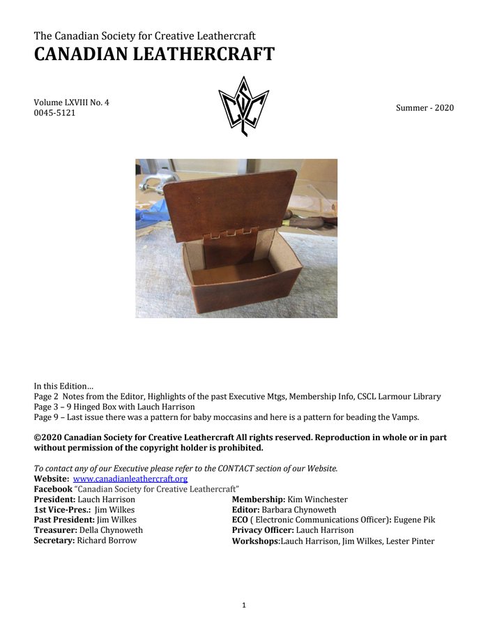 Canadian Leathercraft – Summer 2020 – Newsletter by CSCL — cover of the original newsletter