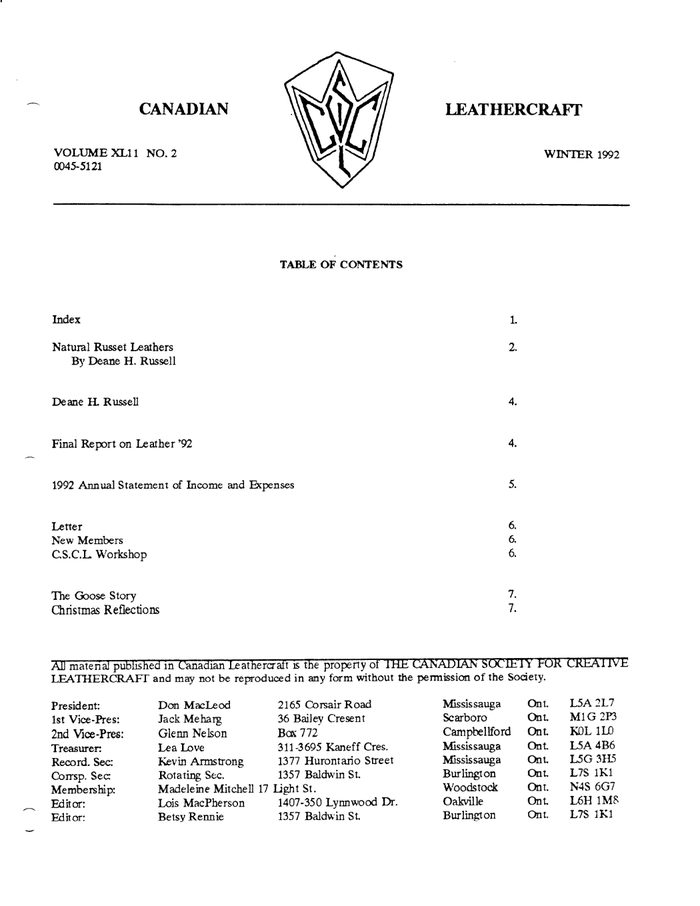 Canadian Leathercraft – Winter 1992 – Newsletter by CSCL — cover of the original newsletter