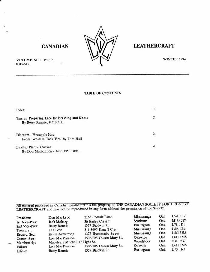 Canadian Leathercraft – Winter 1994 – Newsletter by CSCL — lead photograph