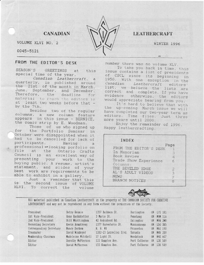 Canadian Leathercraft – Winter 1996 – Newsletter by CSCL — lead photograph