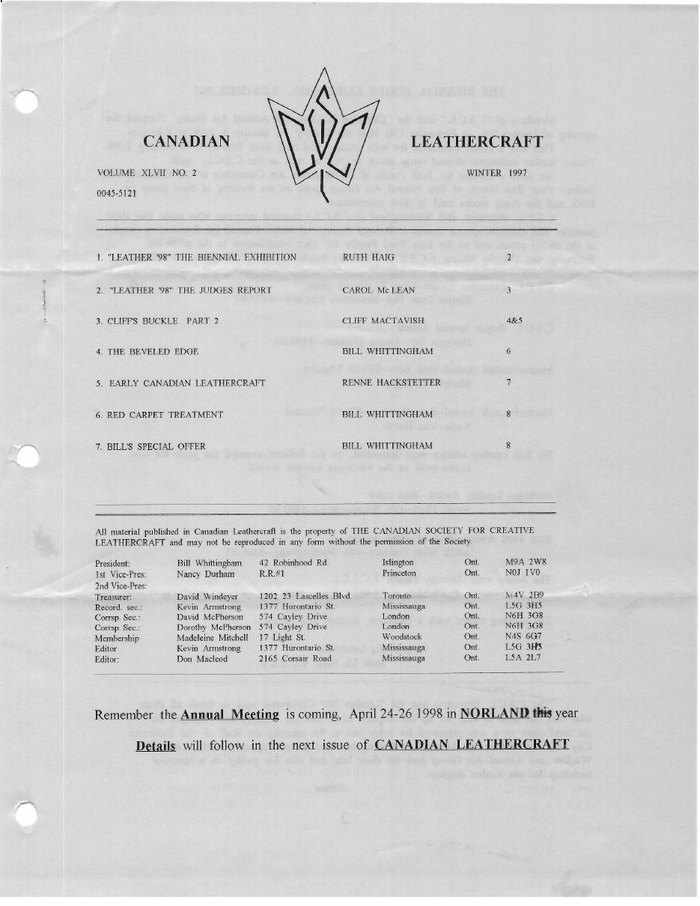 Canadian Leathercraft – Winter 1997 – Newsletter by CSCL — lead photograph