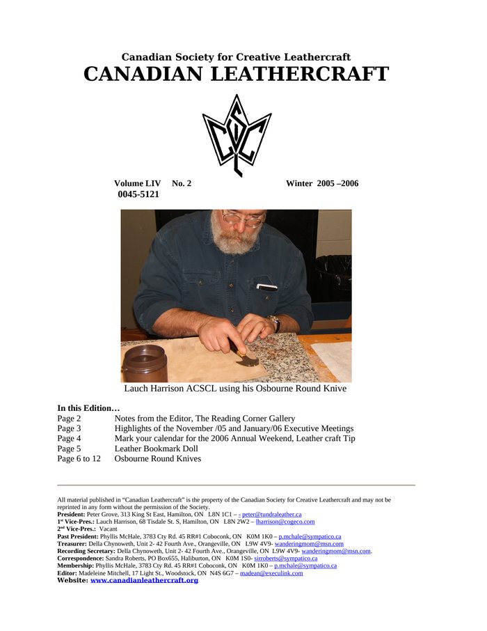 Canadian Leathercraft – Winter 2005-2006 – Newsletter by CSCL — cover of the original newsletter