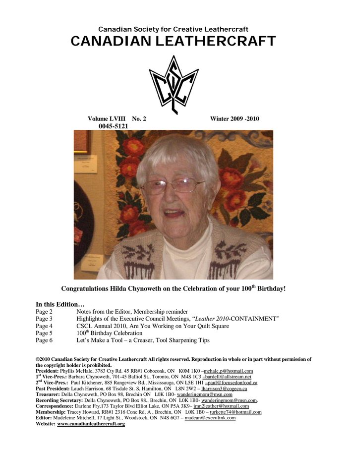 Canadian Leathercraft – Winter 2010-2011 – Newsletter by CSCL — cover of the original newsletter